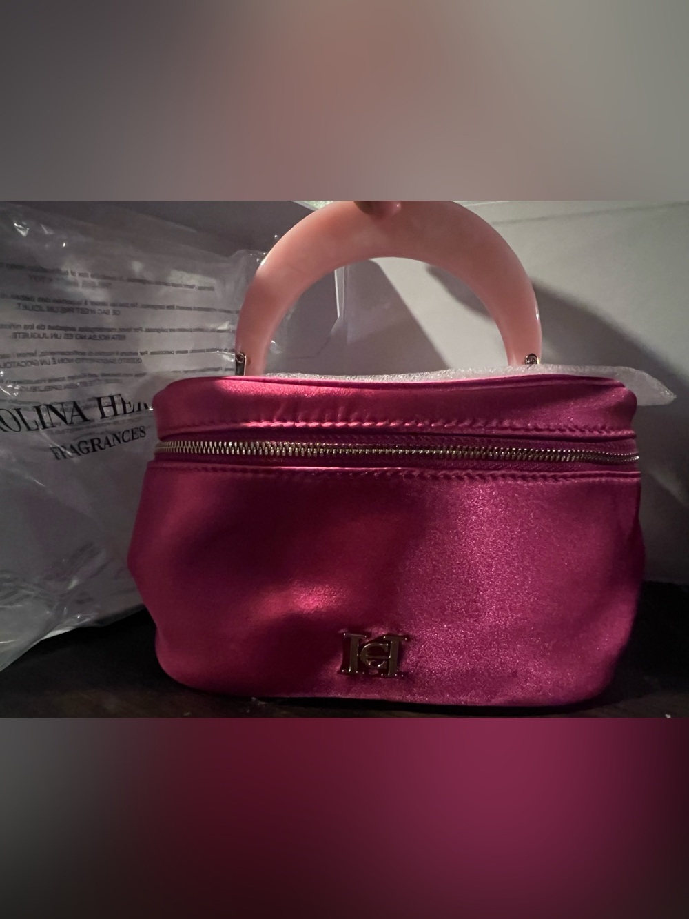 Carolina Herrera Pink Satin-Finish Vanity Cosmetic Bag